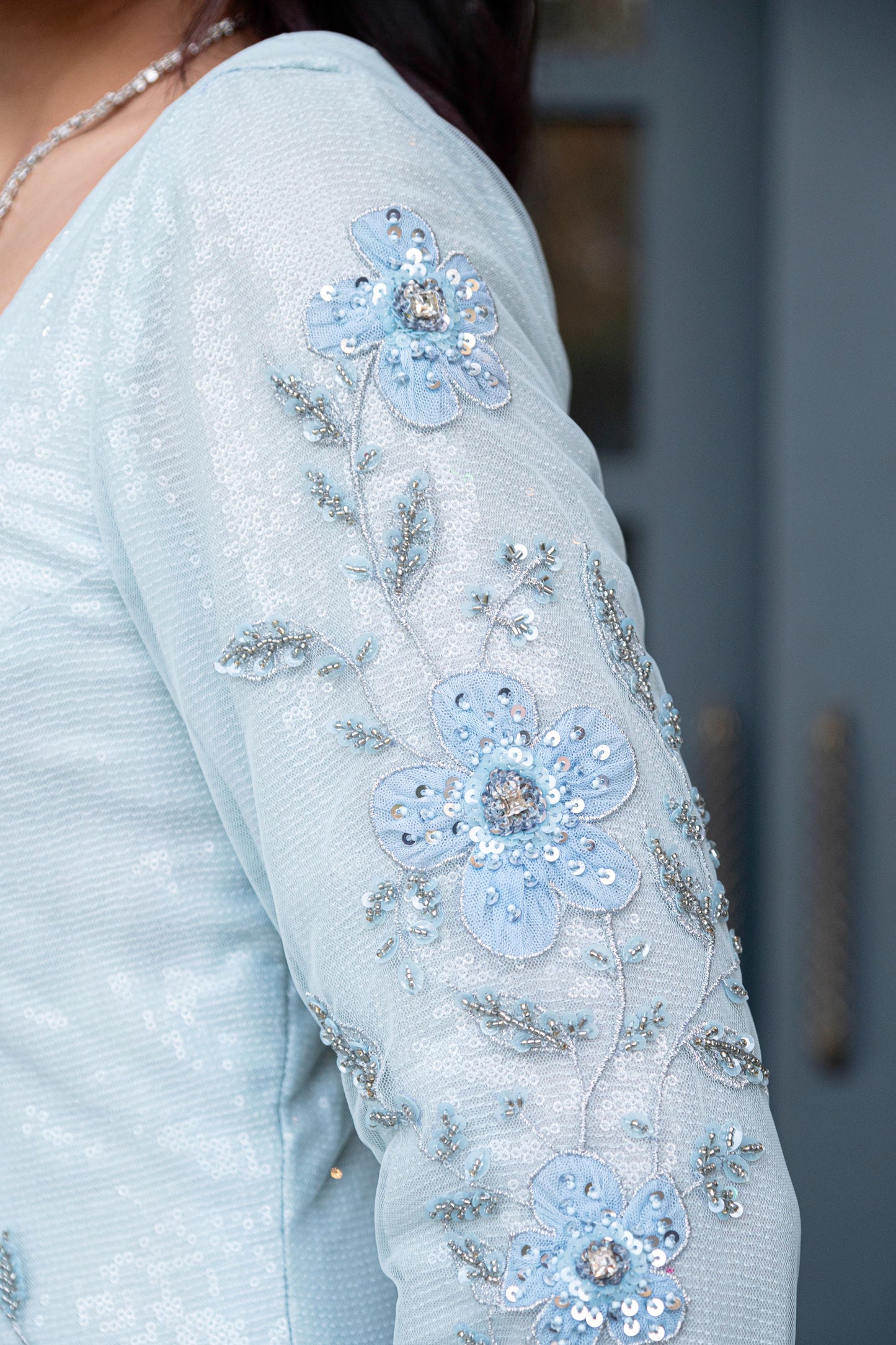 Light blue long embellished Dress