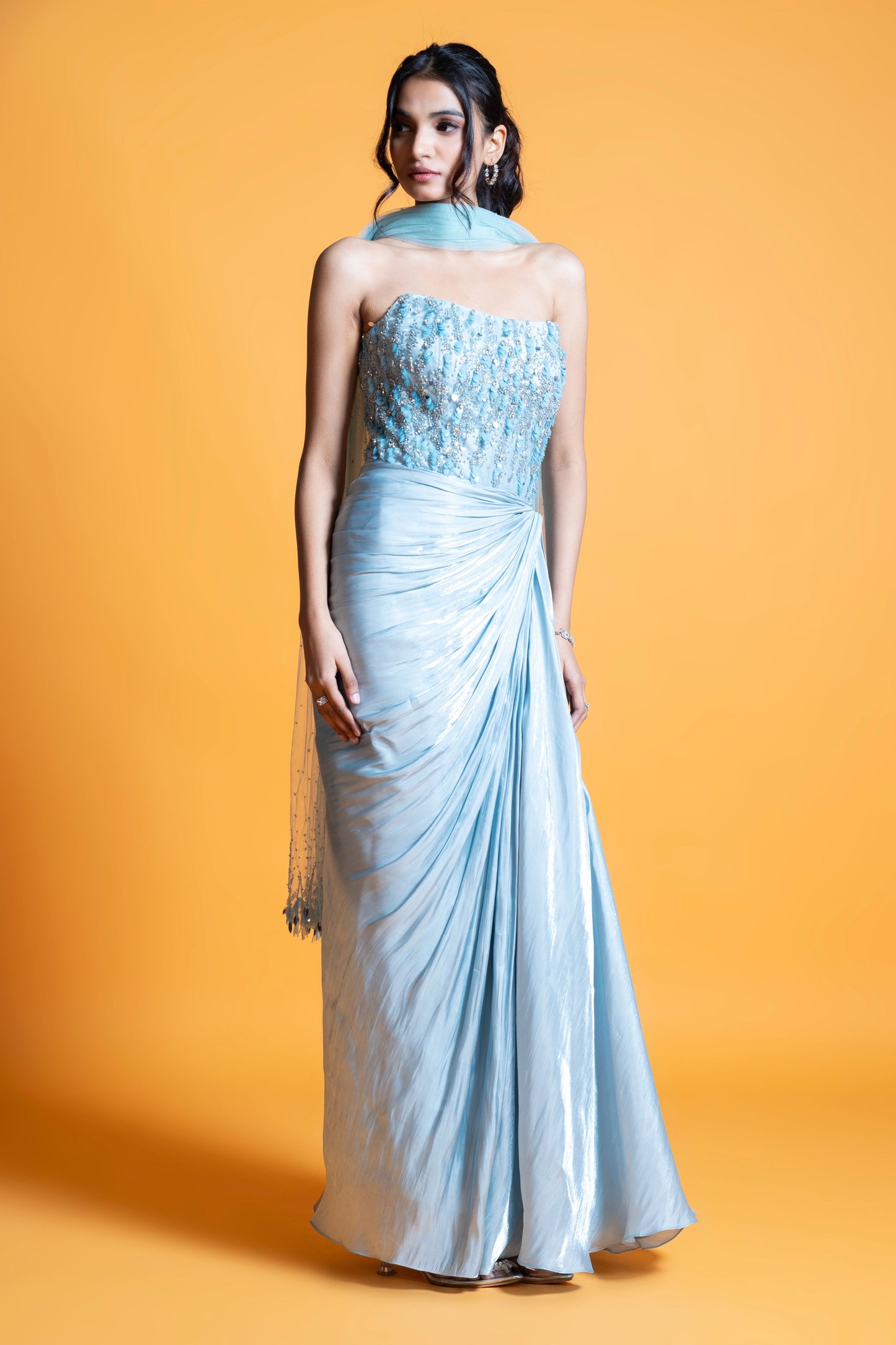 Sky blue embroidered draped evening gown