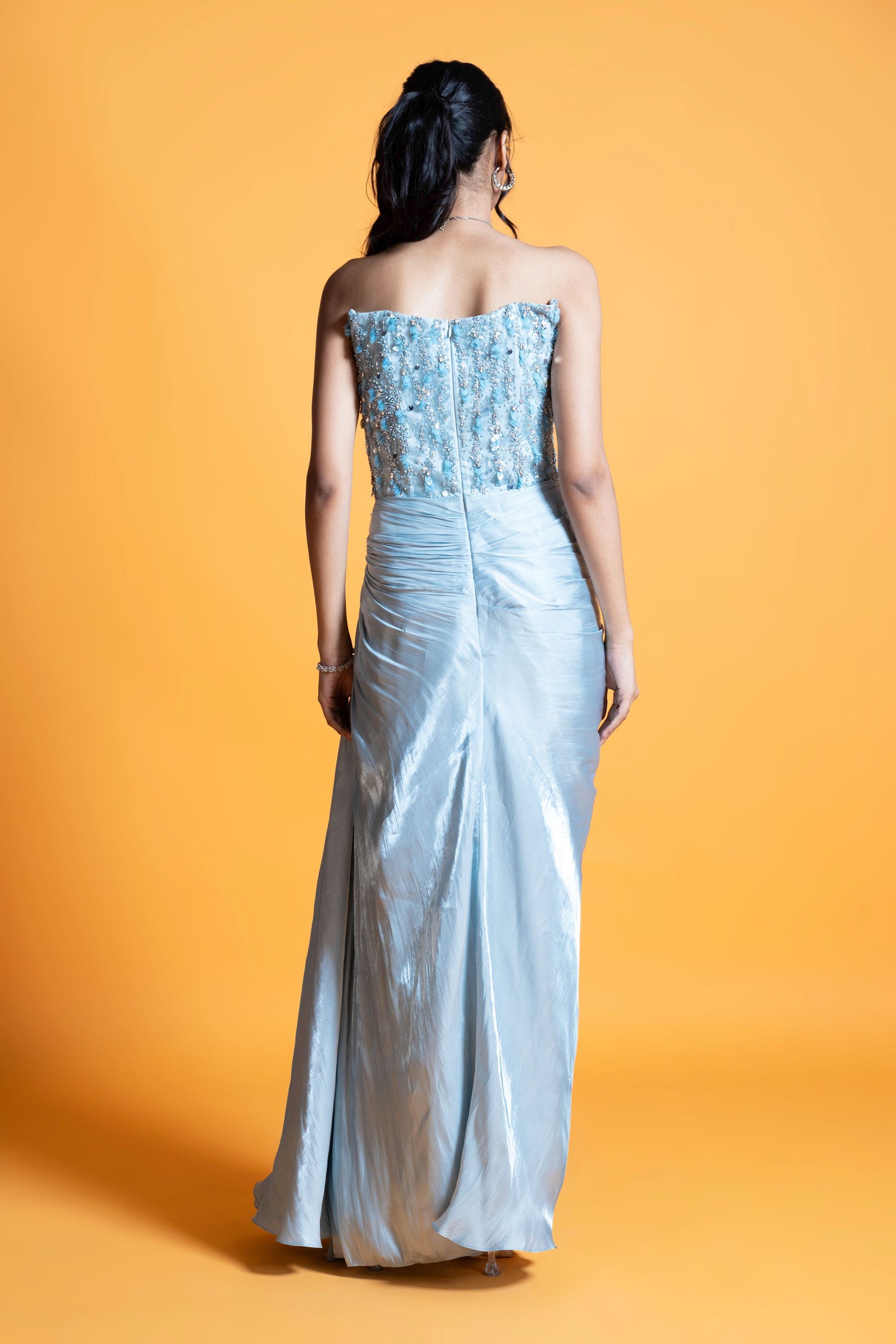 Sky blue embroidered draped evening gown
