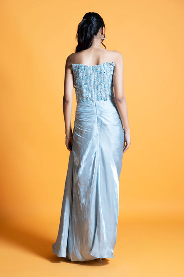 Sky blue embroidered draped evening gown