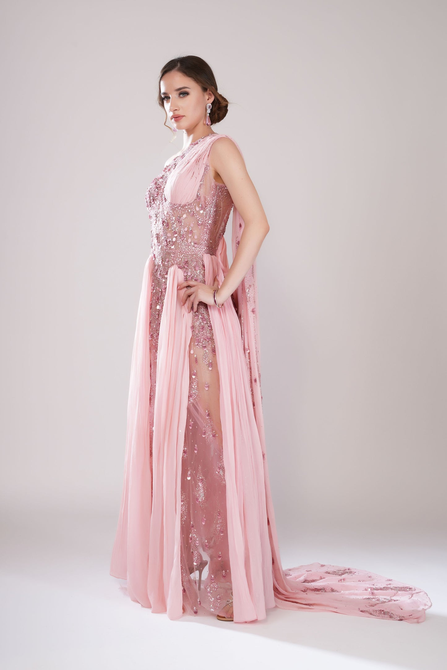 Pink One-Shoulder Pleated Evening Gown