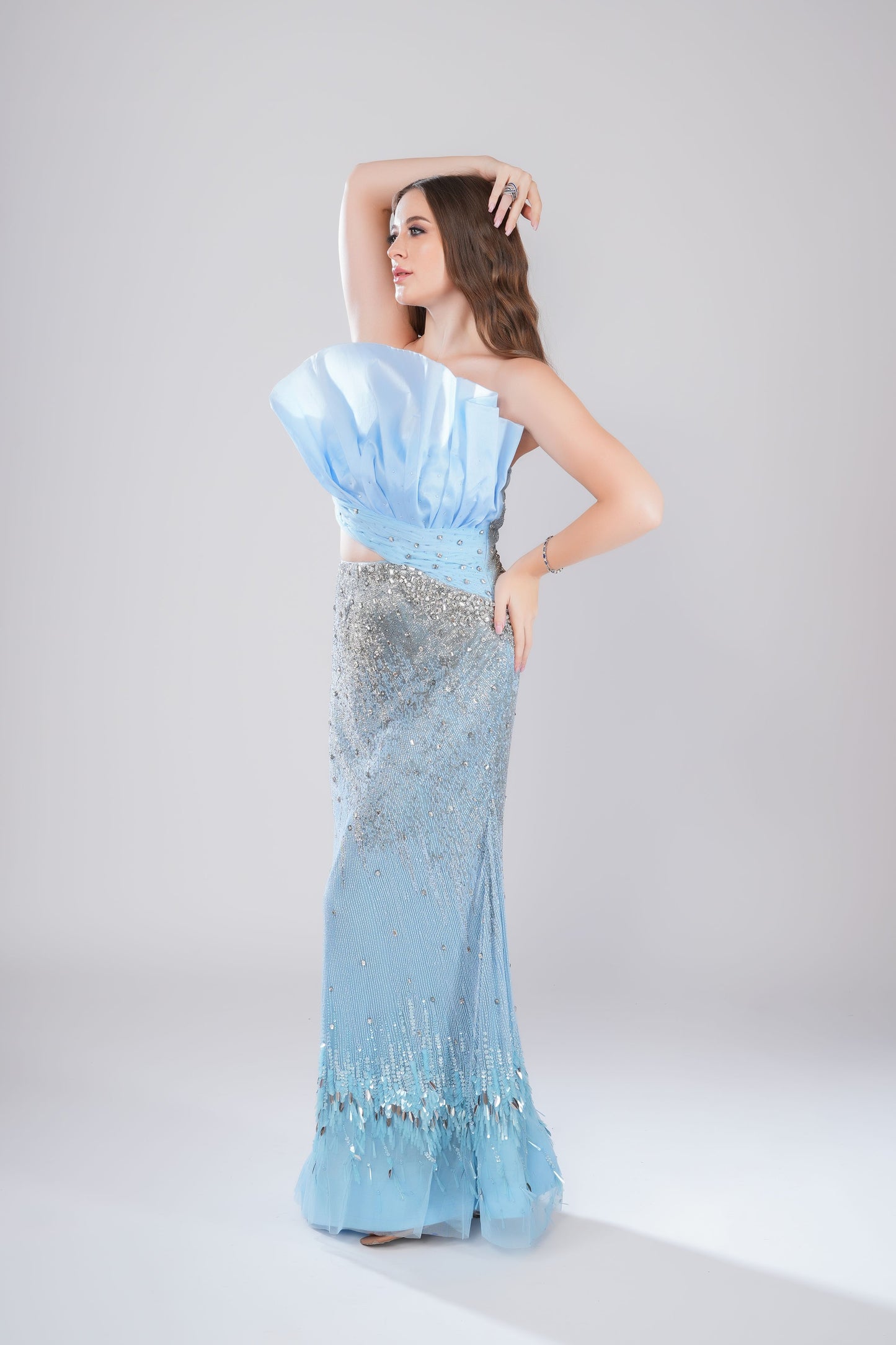 Light Blue Mermaid Evening Gown with Asymmetric Bodice
