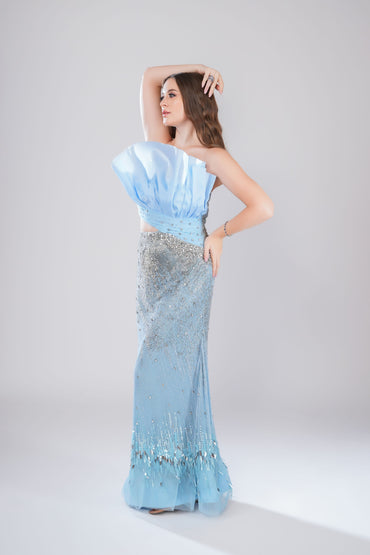Light Blue Mermaid Evening Gown with Asymmetric Bodice