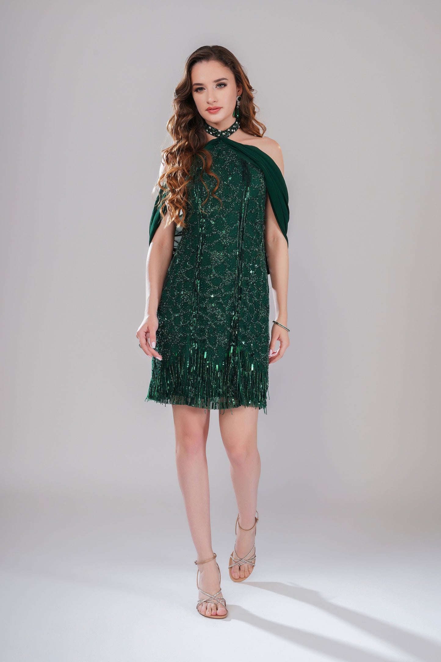 Emerald Green Off-Shoulder Embellished Party Short Dress