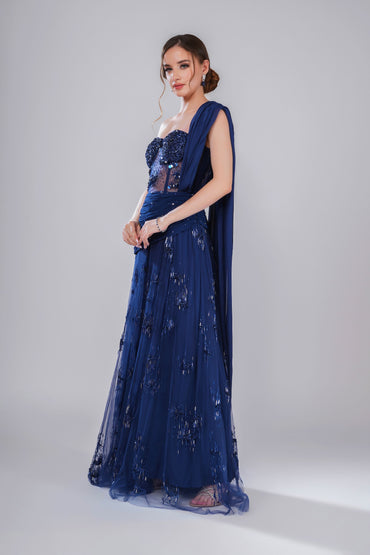 Dark Blue embroidered draped saree