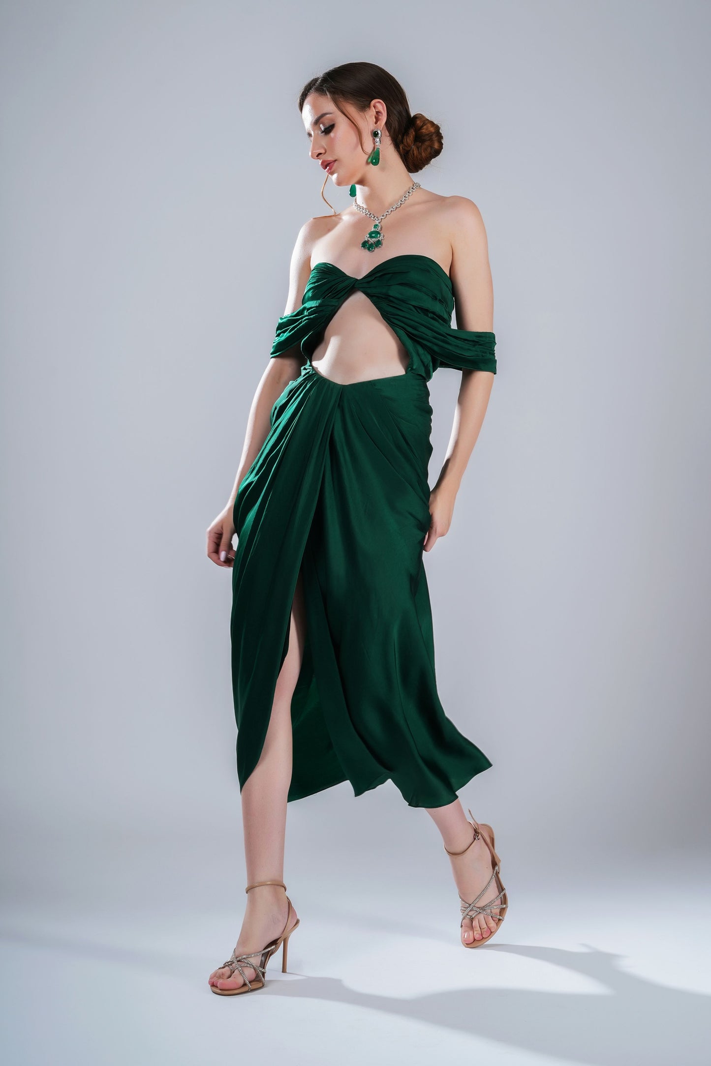 Green Off-Shoulder draped Evening Dress