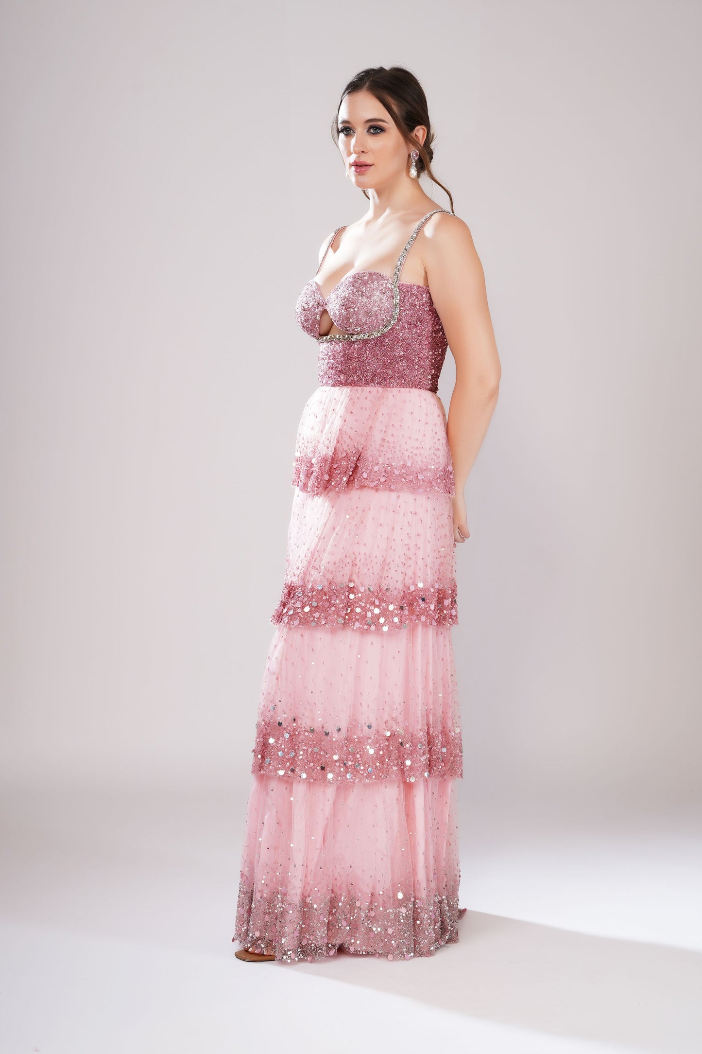 Pink Sweetheart Neckline Tiered Evening Gown