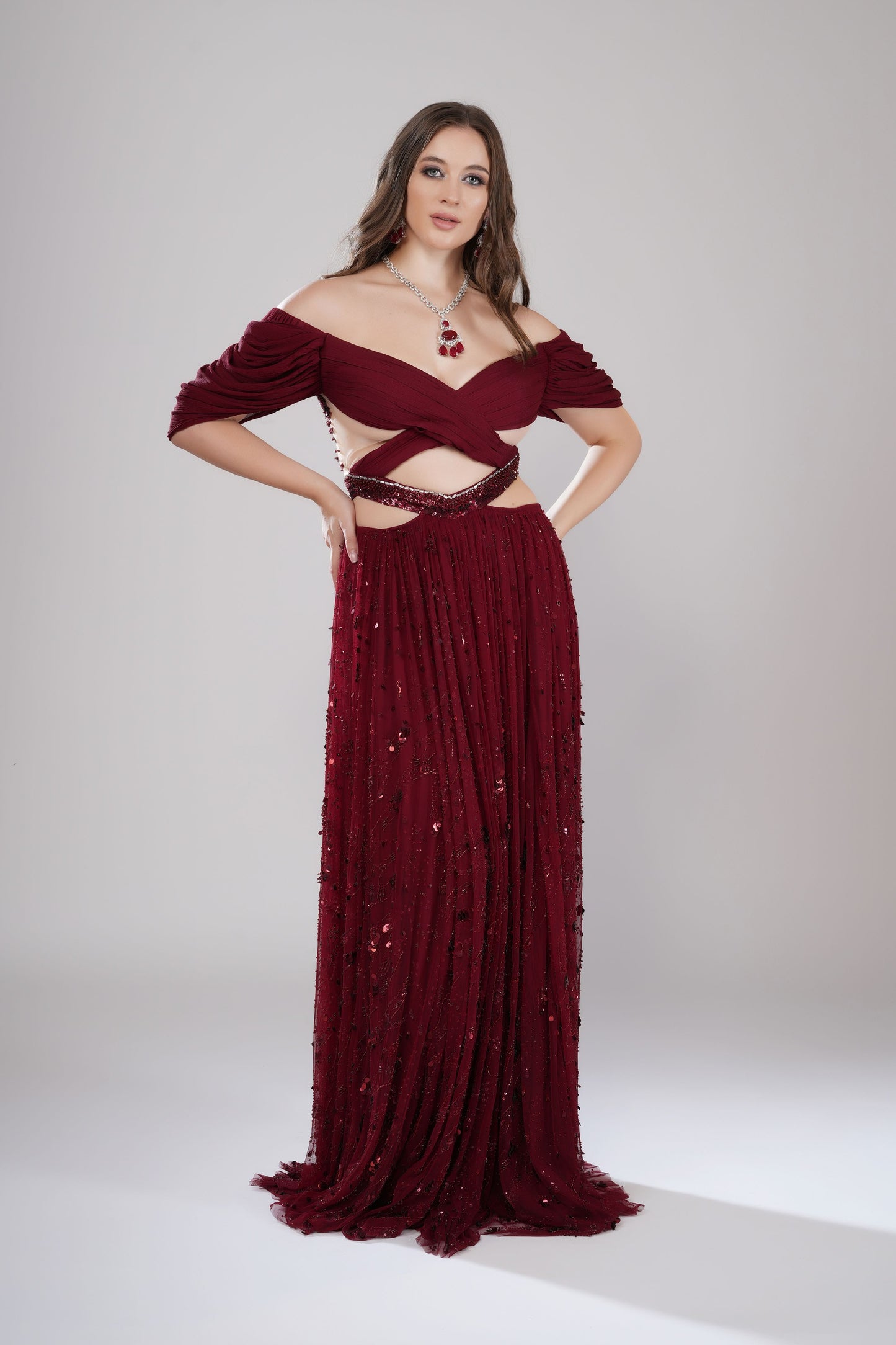 Dark Red Off-Shoulder Evening Gown with Crisscross Bodice
