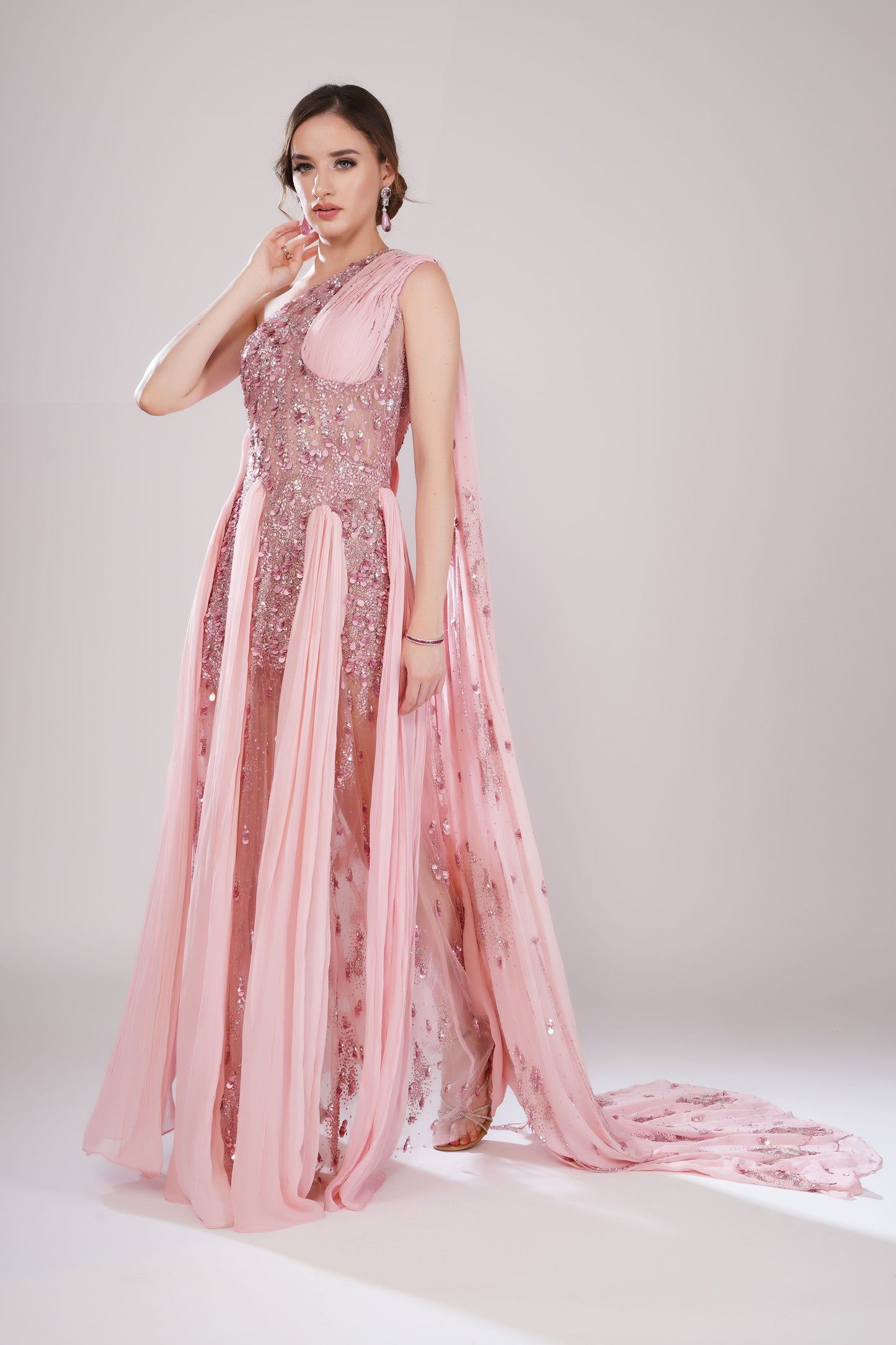 Pink One-Shoulder Pleated Evening Gown