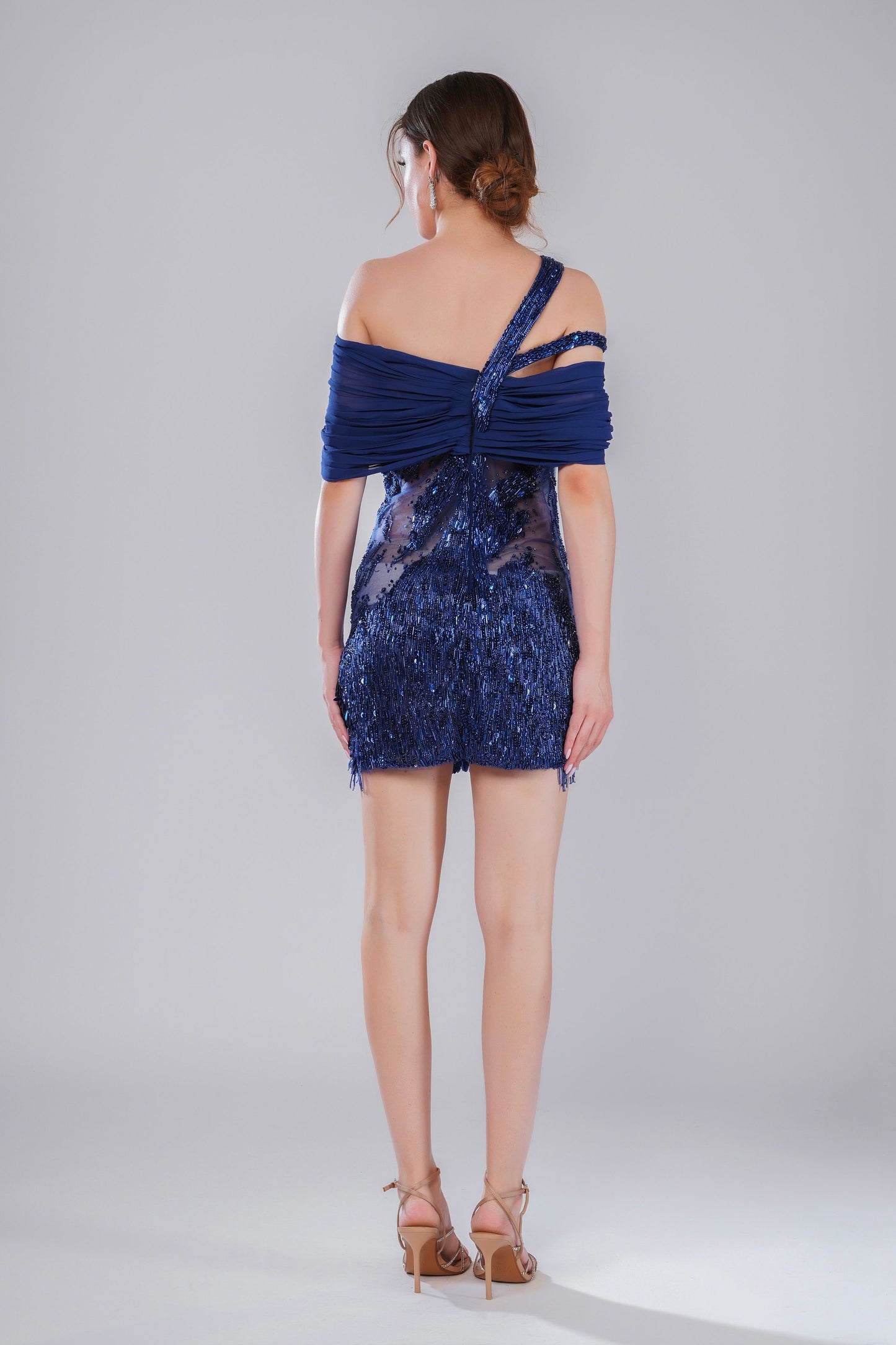 Deep Blue One-Shoulder Embroidered Party Short Dress