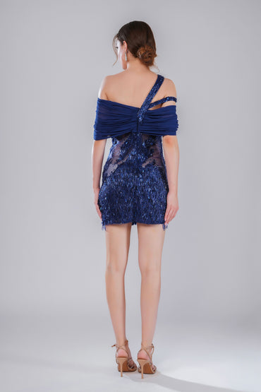 Deep Blue One-Shoulder Embroidered Party Short Dress