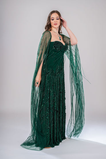 Emerald Green Sweetheart Evening Gown with Detachable long Sleeves