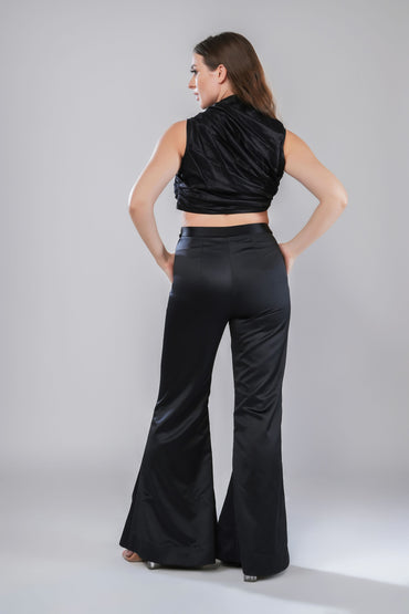 Black Embellished Co-ord Set with Crop Top and Flared Pants