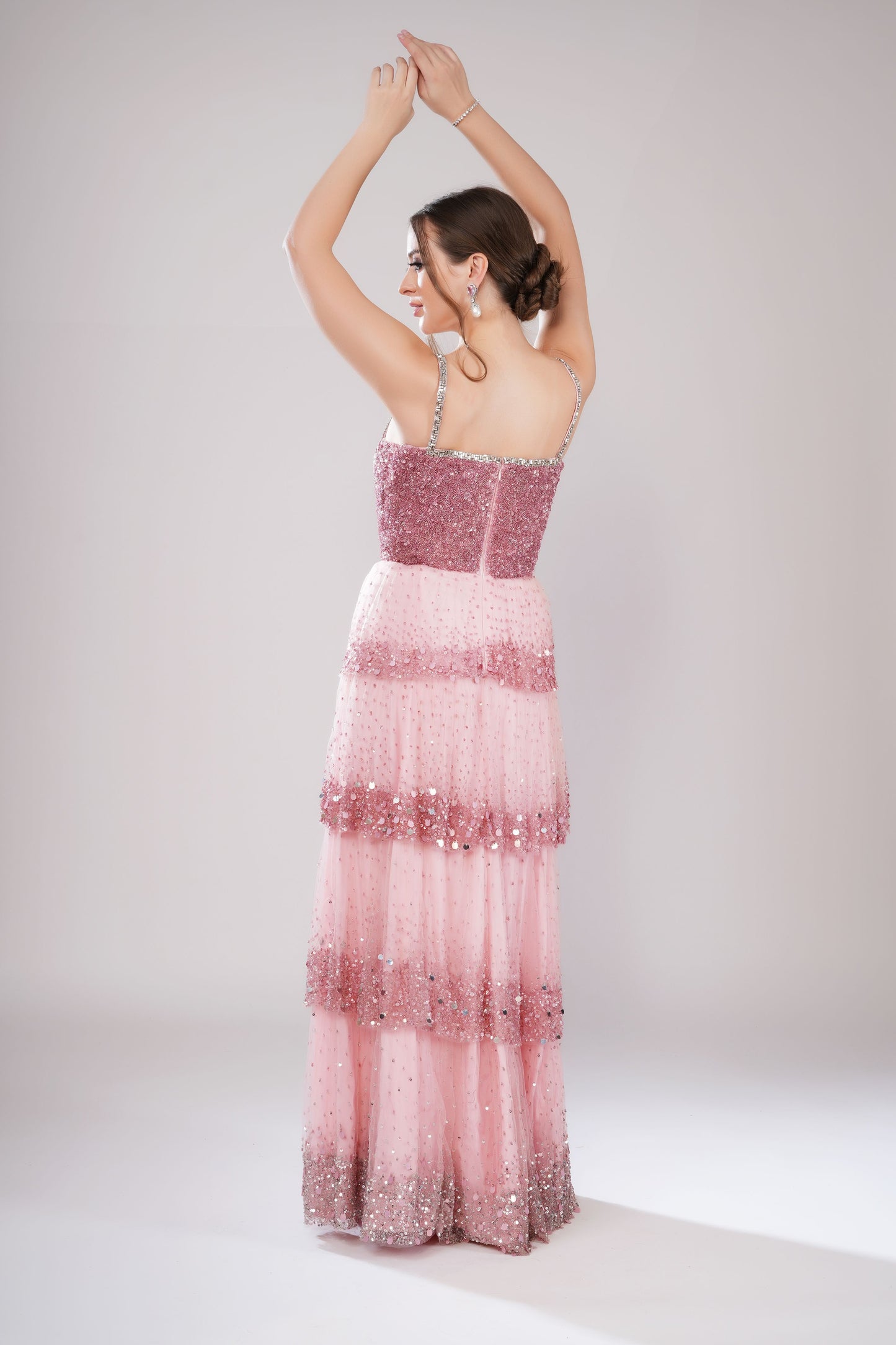 Pink Sweetheart Neckline Tiered Evening Gown