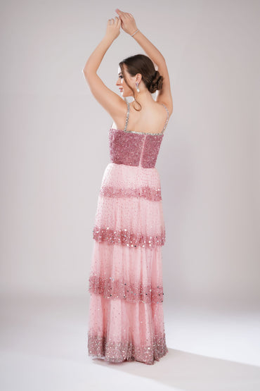Pink Sweetheart Neckline Tiered Evening Gown