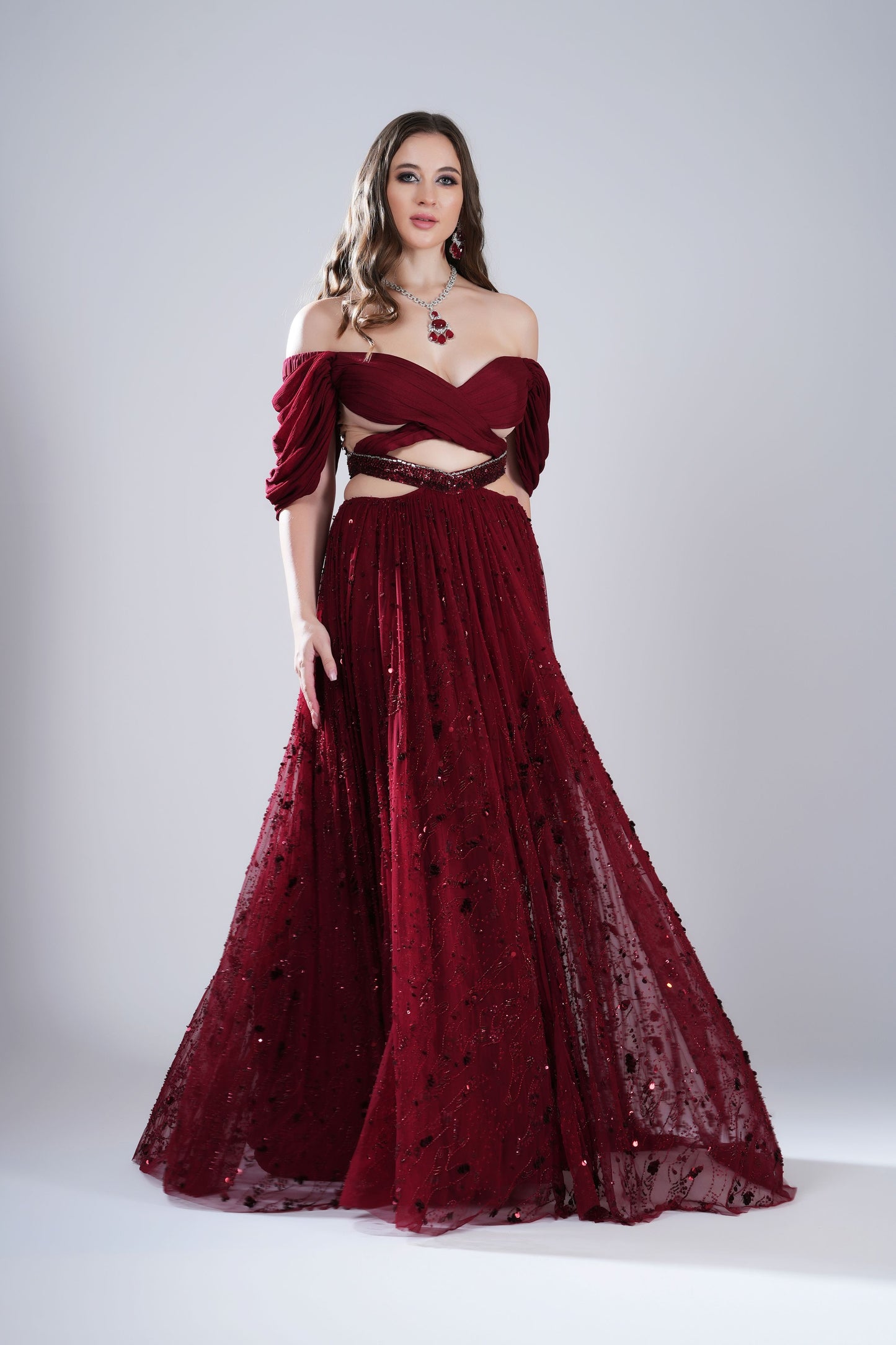 Dark Red Off-Shoulder Evening Gown with Crisscross Bodice