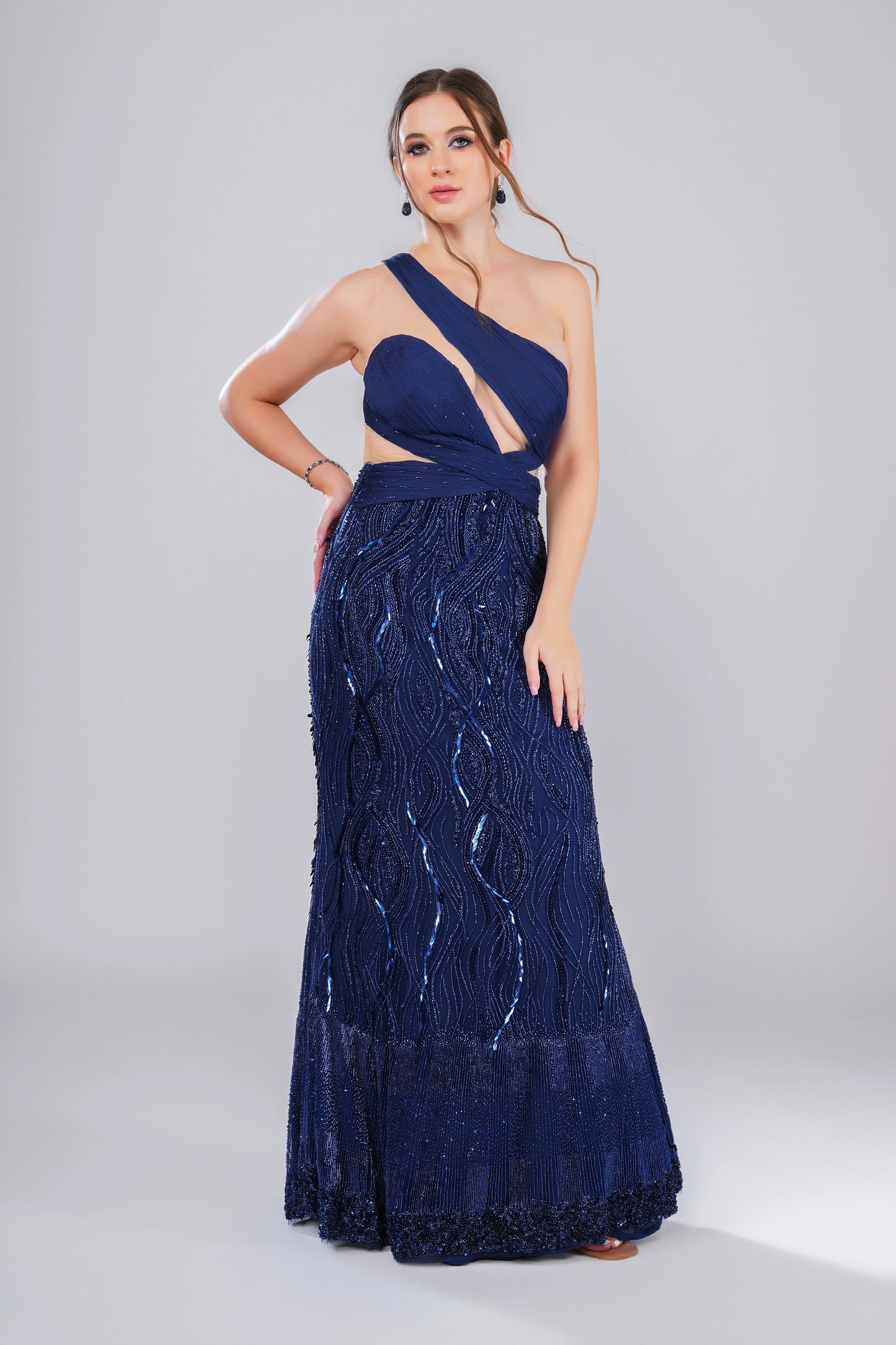 Dark Blue draped Bodice Embellished Evening Gown