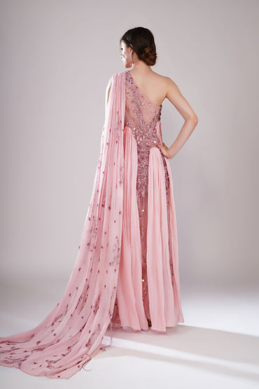 Pink One-Shoulder Pleated Evening Gown
