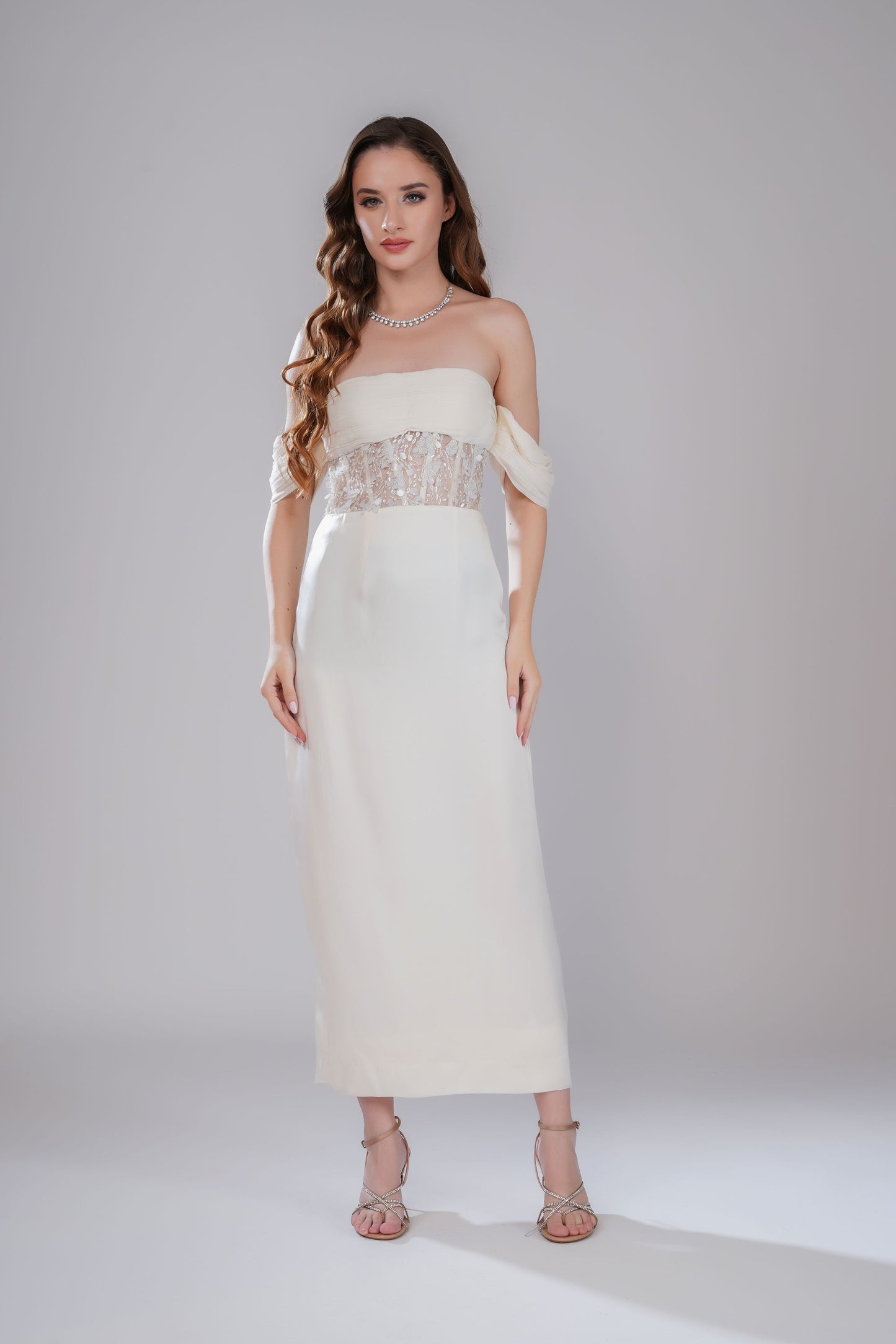 White Off-Shoulder Embellished Evening Dress