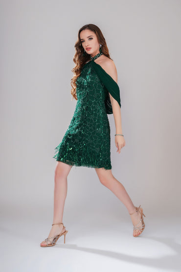 Emerald Green Off-Shoulder Embellished Party Short Dress