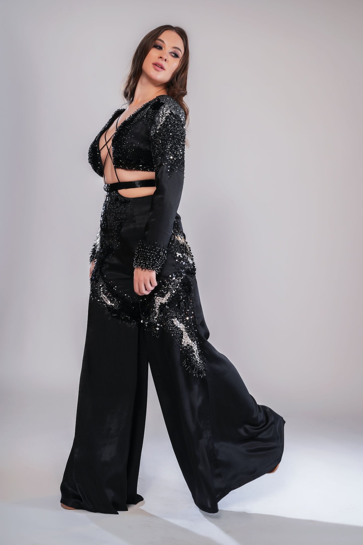 Black Embellished Wide-Leg Jumpsuit