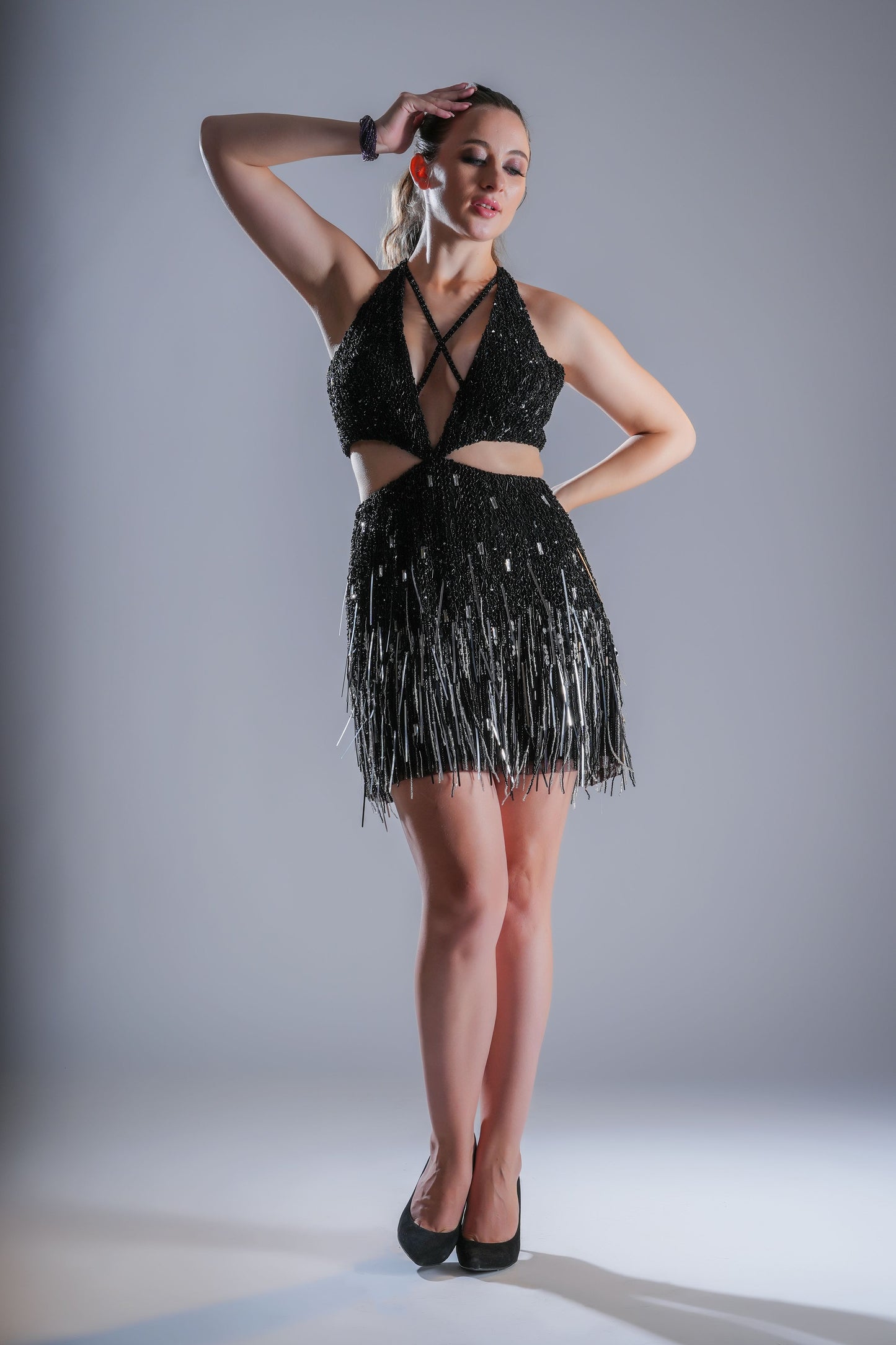 Black Sequined Halter Party Short Dress
