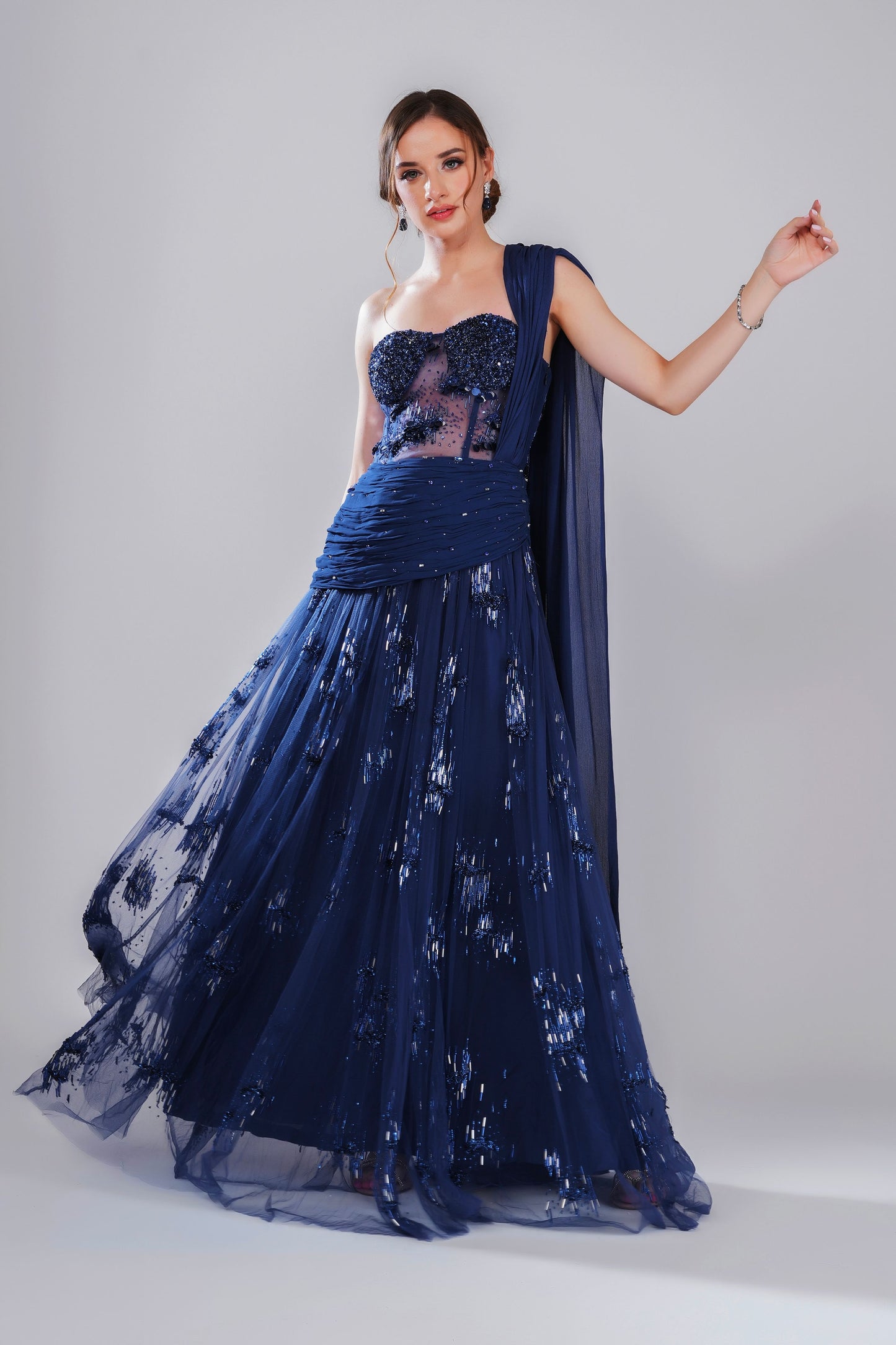 Dark Blue embroidered draped saree
