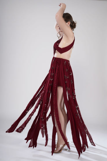 Red Crisscross Bodice Evening Gown with Sheer Panels