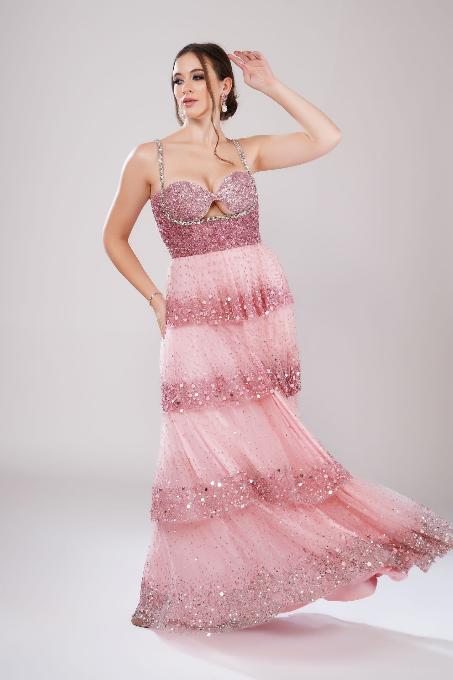 Pink Sweetheart Neckline Tiered Evening Gown