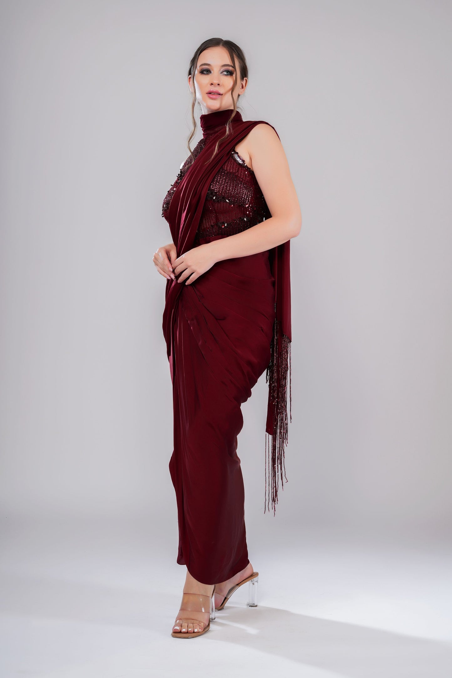 Red embellished draped saree