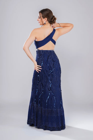 Dark Blue draped Bodice Embellished Evening Gown