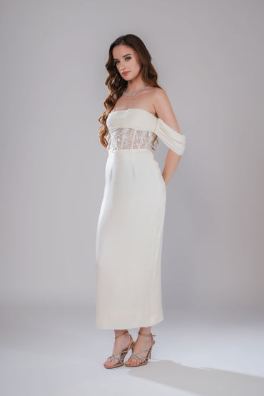 White Off-Shoulder Embellished Evening Dress