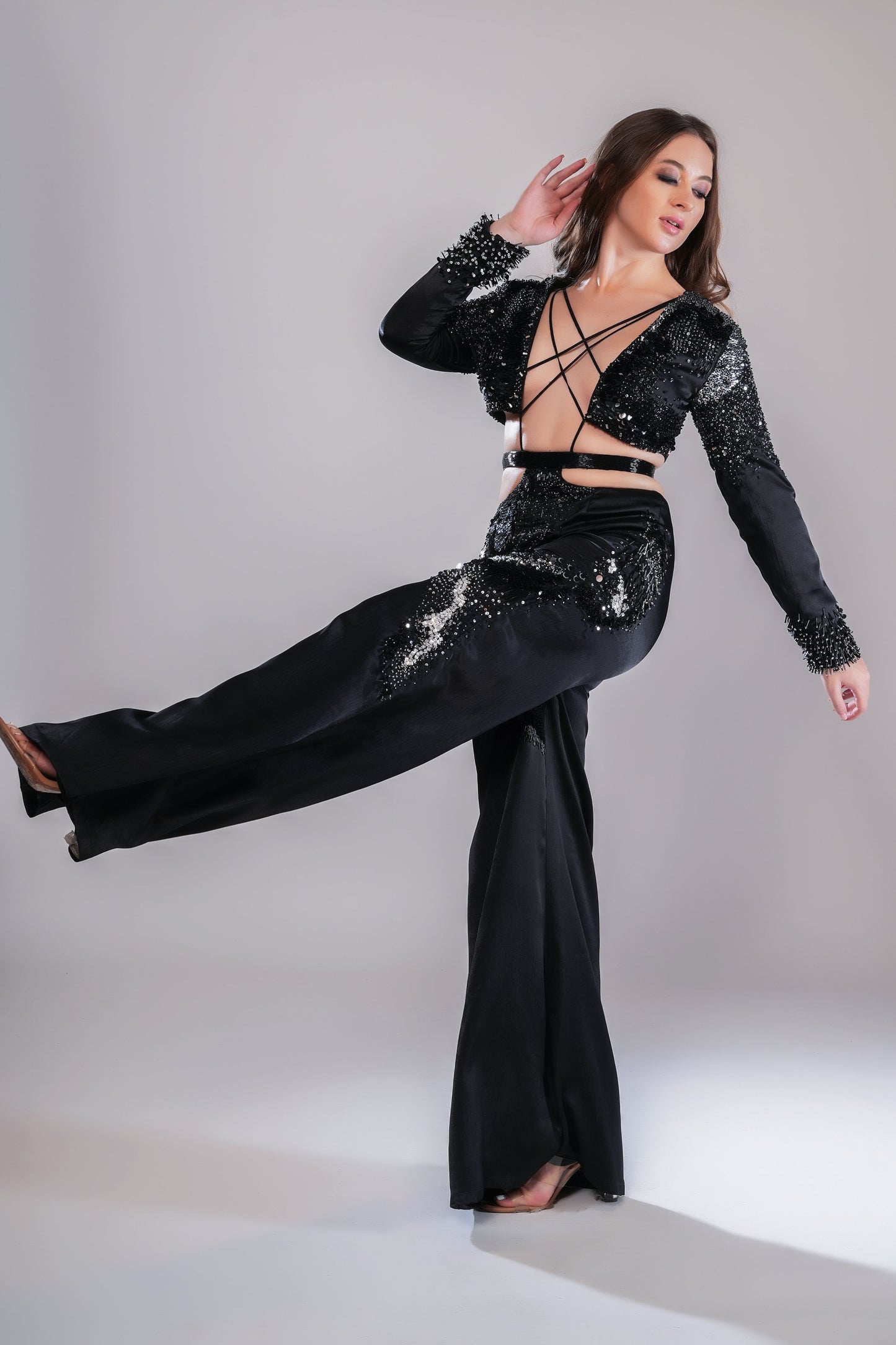 Black Embellished Wide-Leg Jumpsuit