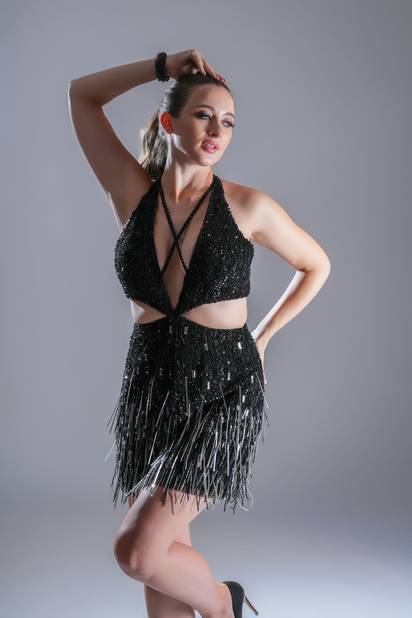 Black Sequined Halter Party Short Dress