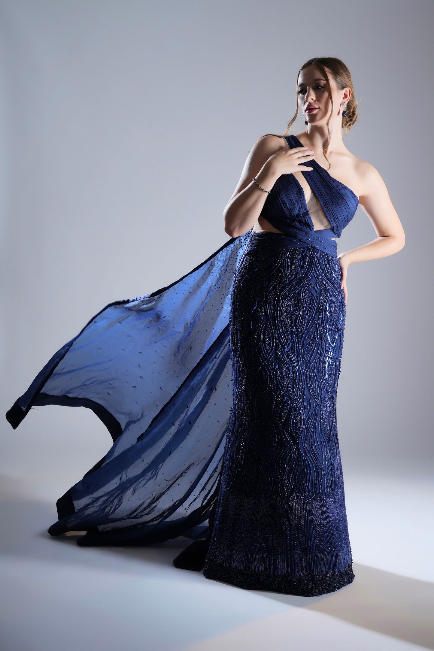 Dark Blue draped Bodice Embellished Evening Gown