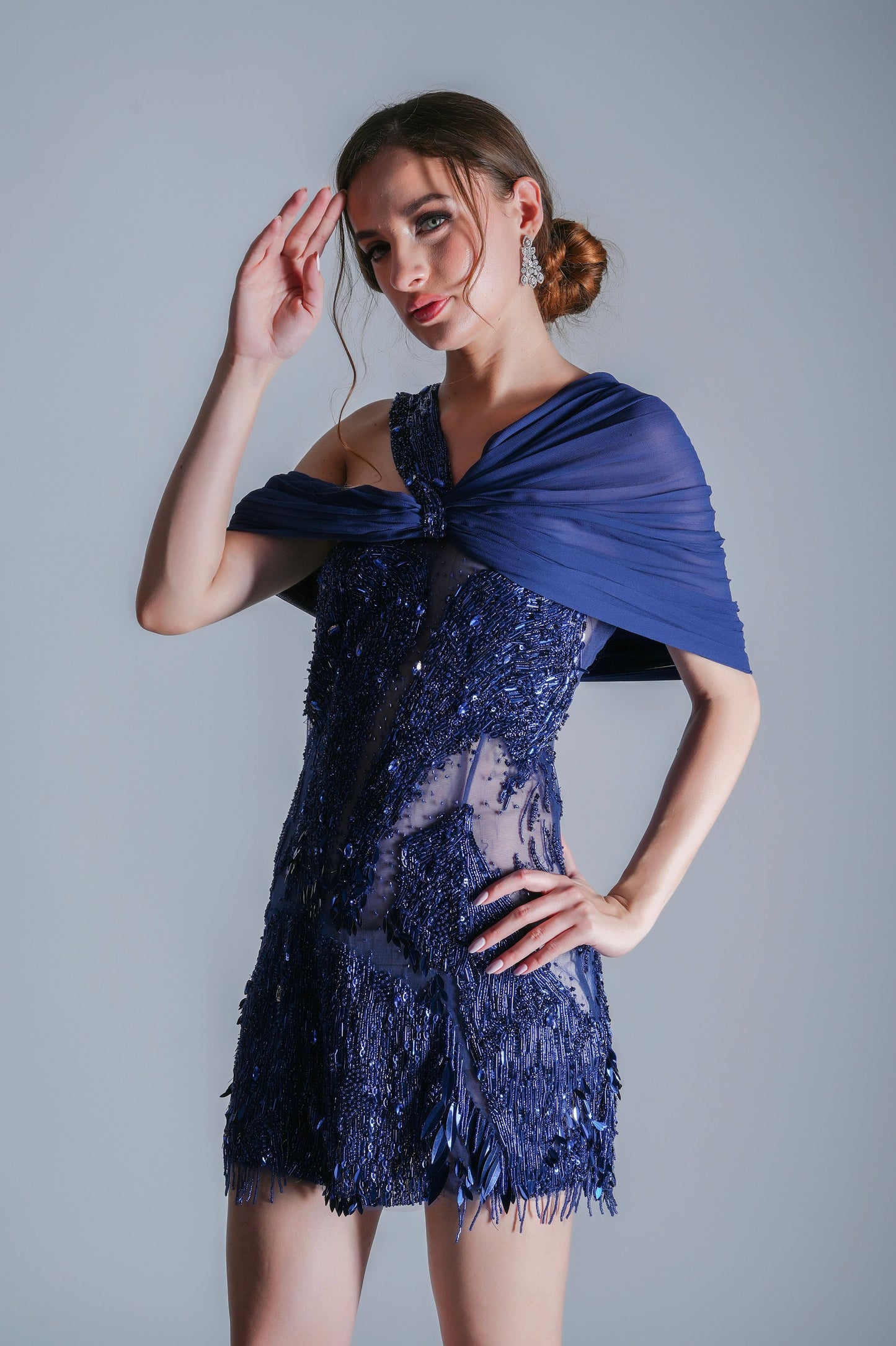 Deep Blue One-Shoulder Embroidered Party Short Dress
