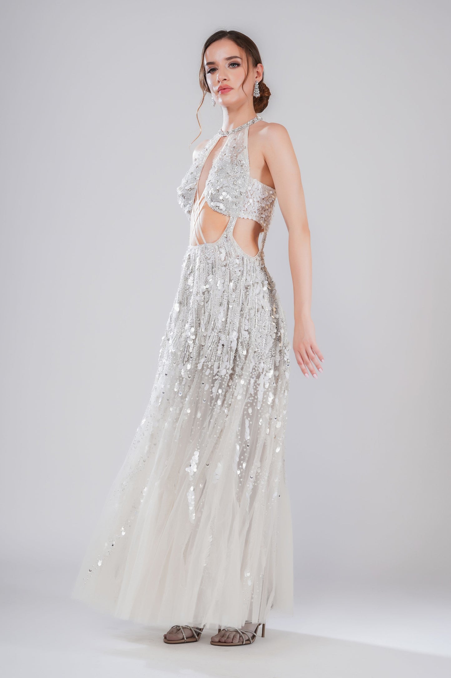 White Halter neck Embroidered Evening Gown
