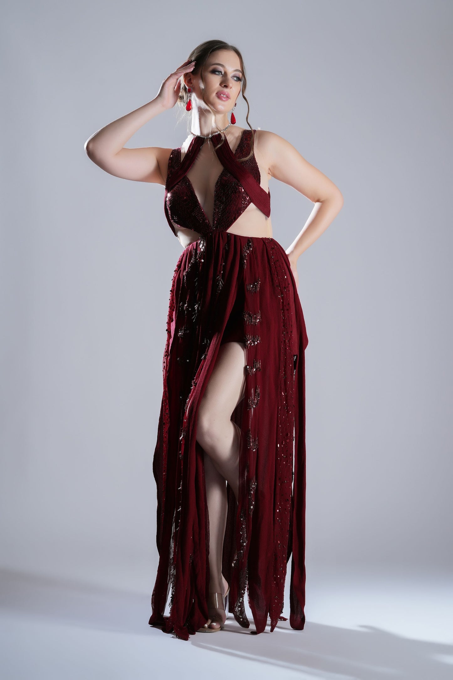 Red Crisscross Bodice Evening Gown with Sheer Panels
