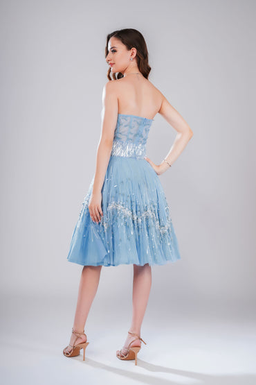 Light Blue Beaded Sweetheart Midi Dress