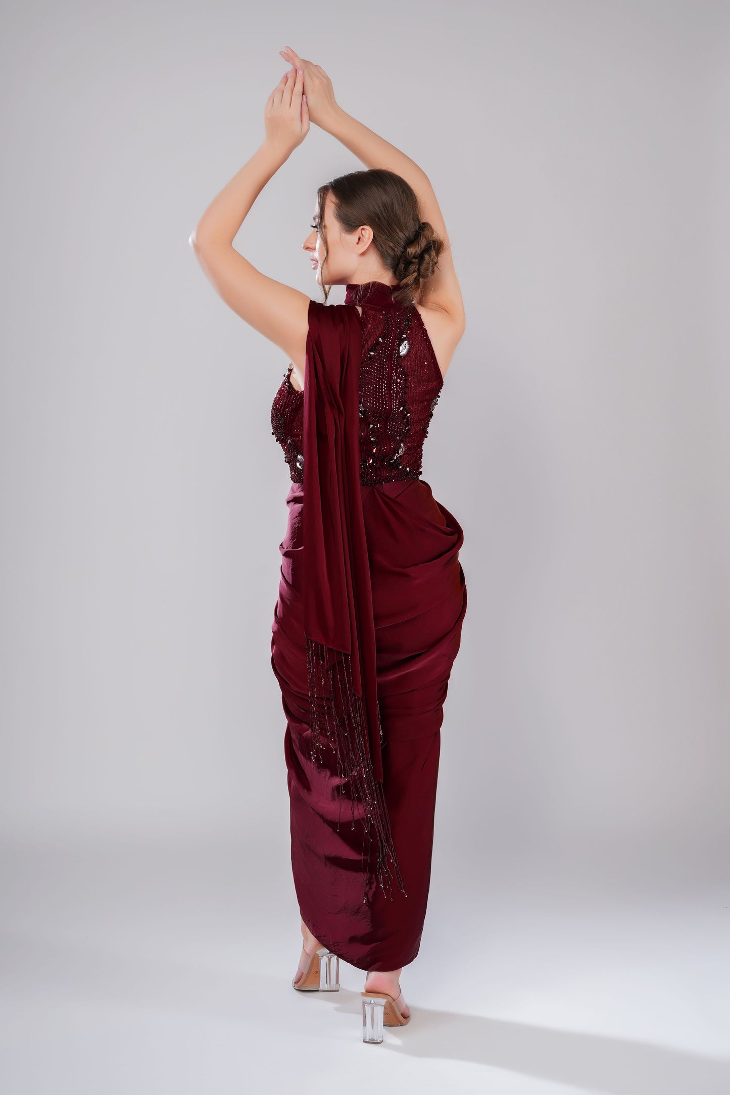 Red embellished draped saree