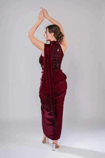 Red embellished draped saree