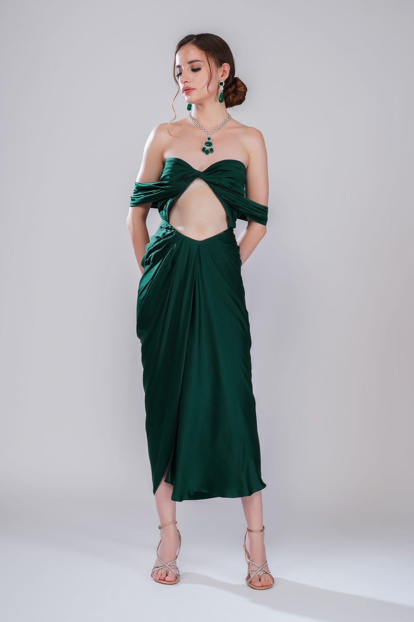 Green Off-Shoulder draped Evening Dress