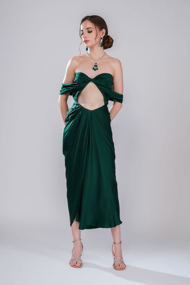 Green Off-Shoulder draped Evening Dress