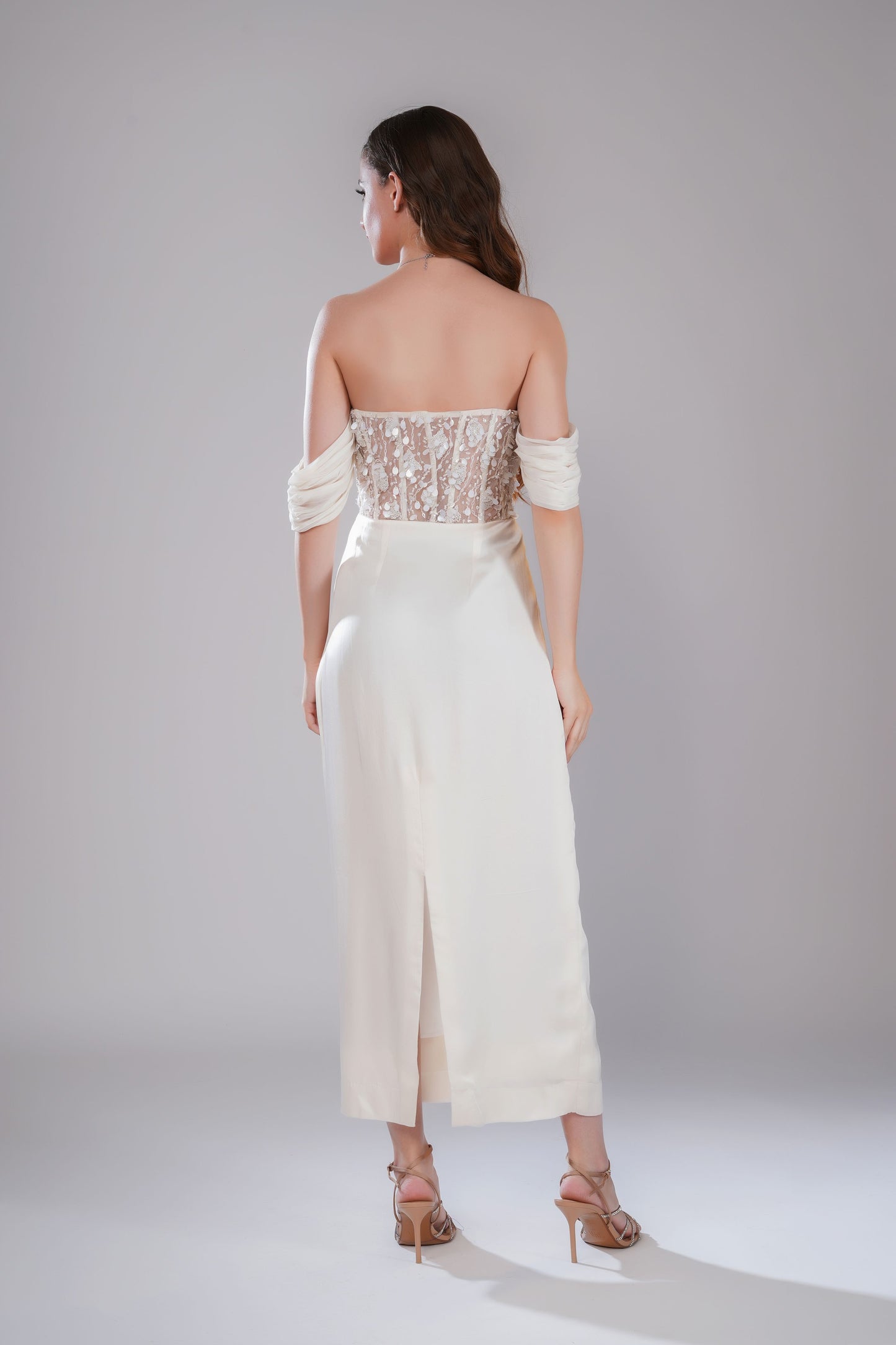 White Off-Shoulder Embellished Evening Dress