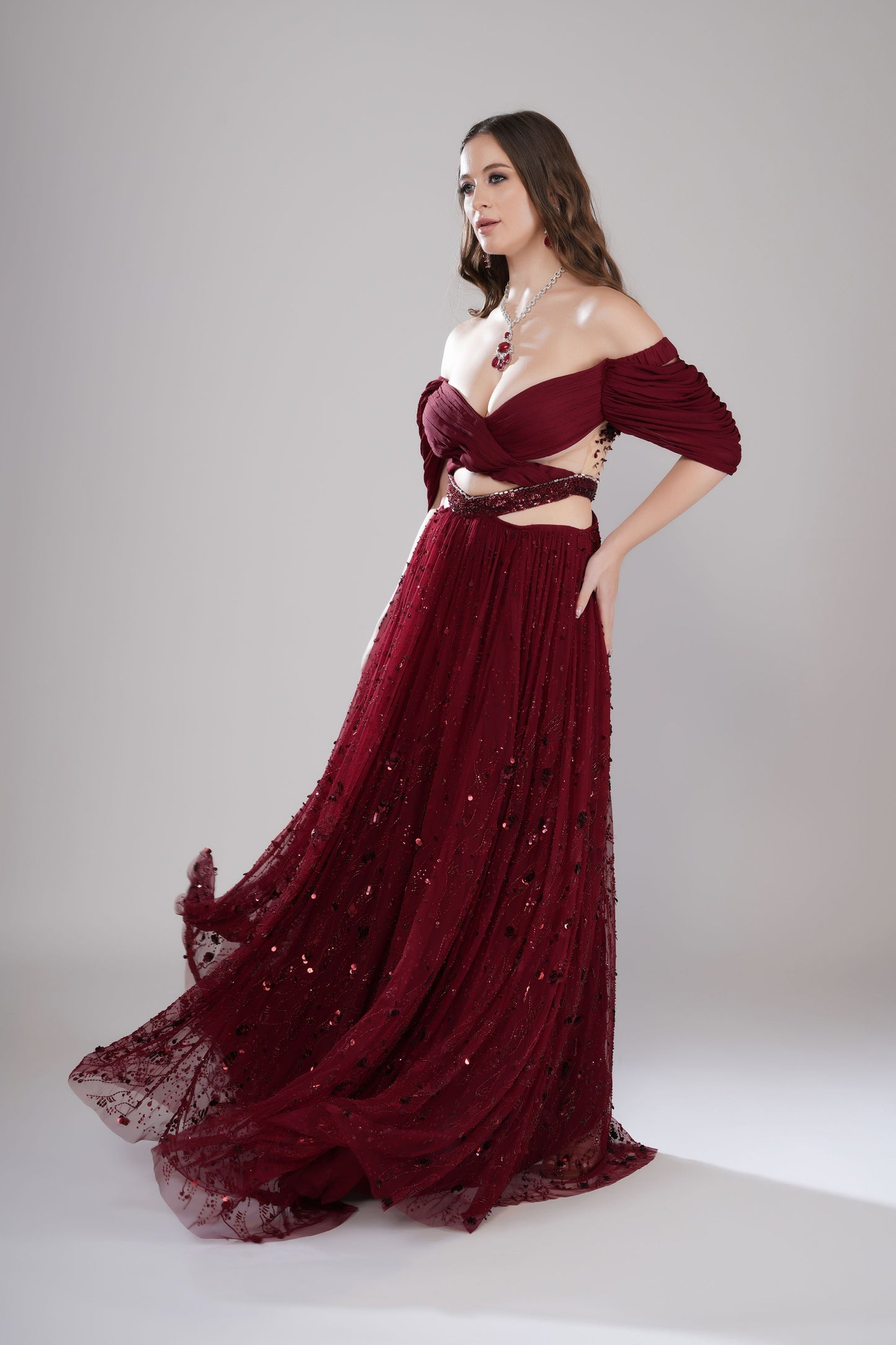 Dark Red Off-Shoulder Evening Gown with Crisscross Bodice
