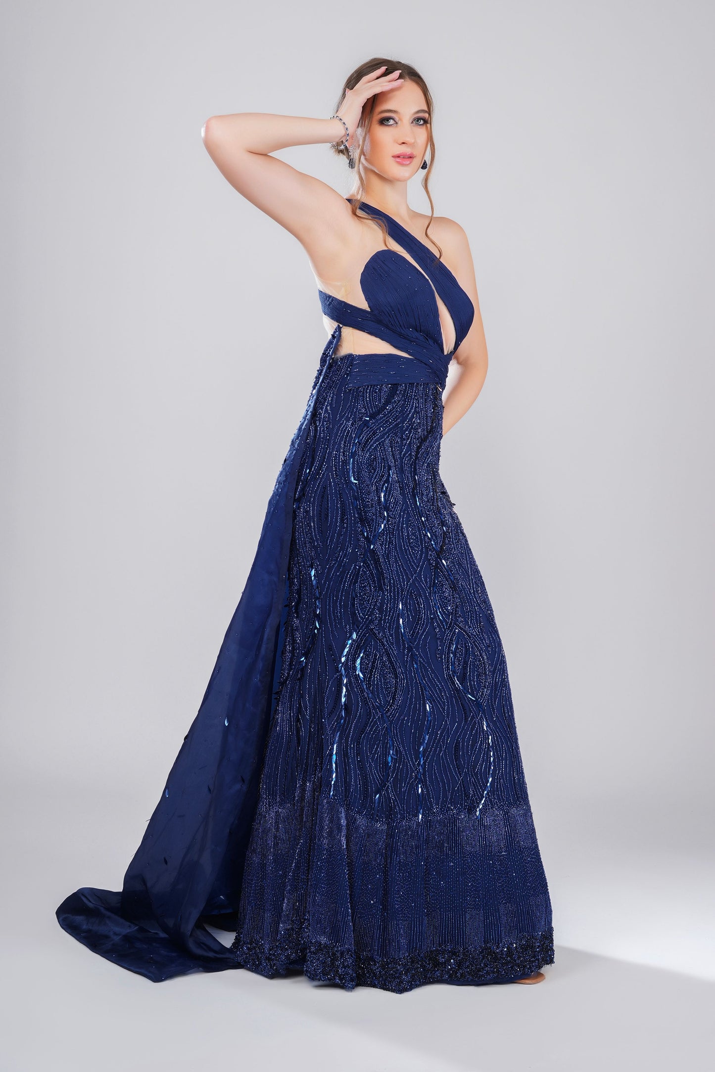 Dark Blue draped Bodice Embellished Evening Gown