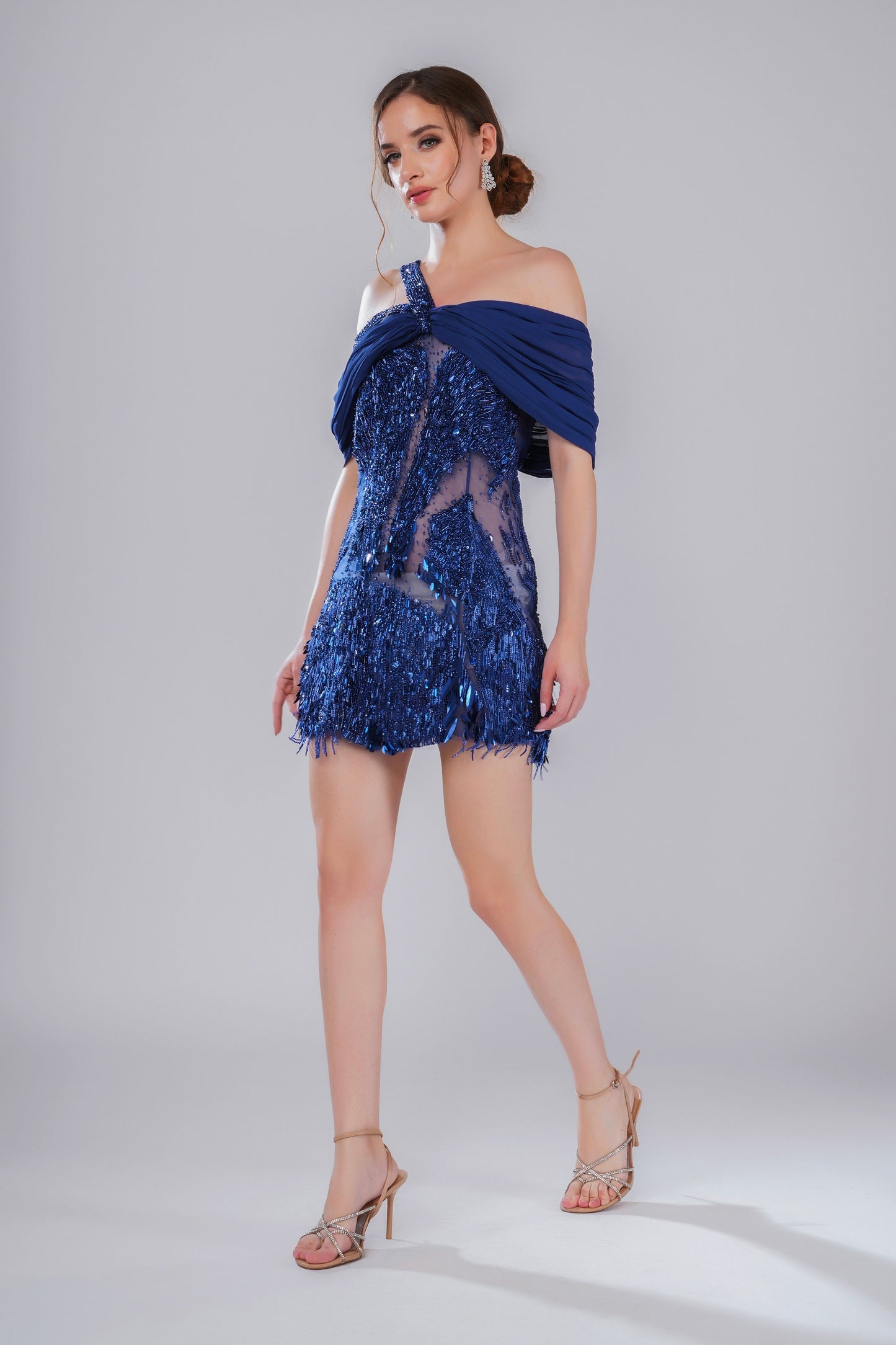 Deep Blue One-Shoulder Embroidered Party Short Dress