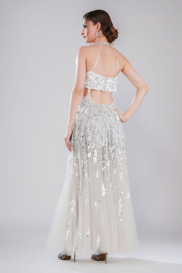 White Halter neck Embroidered Evening Gown