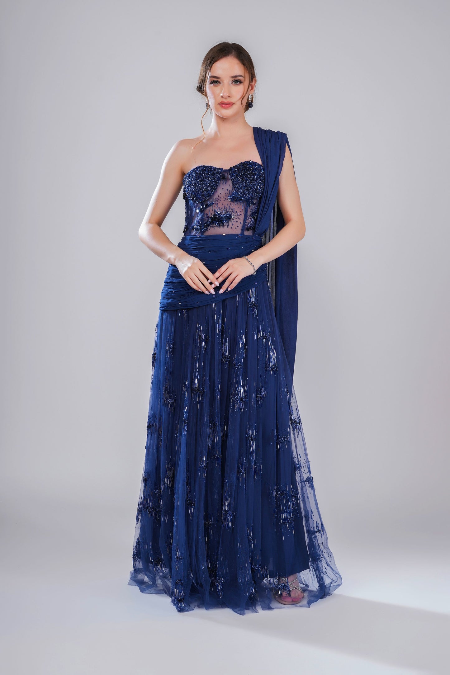 Dark Blue embroidered draped saree