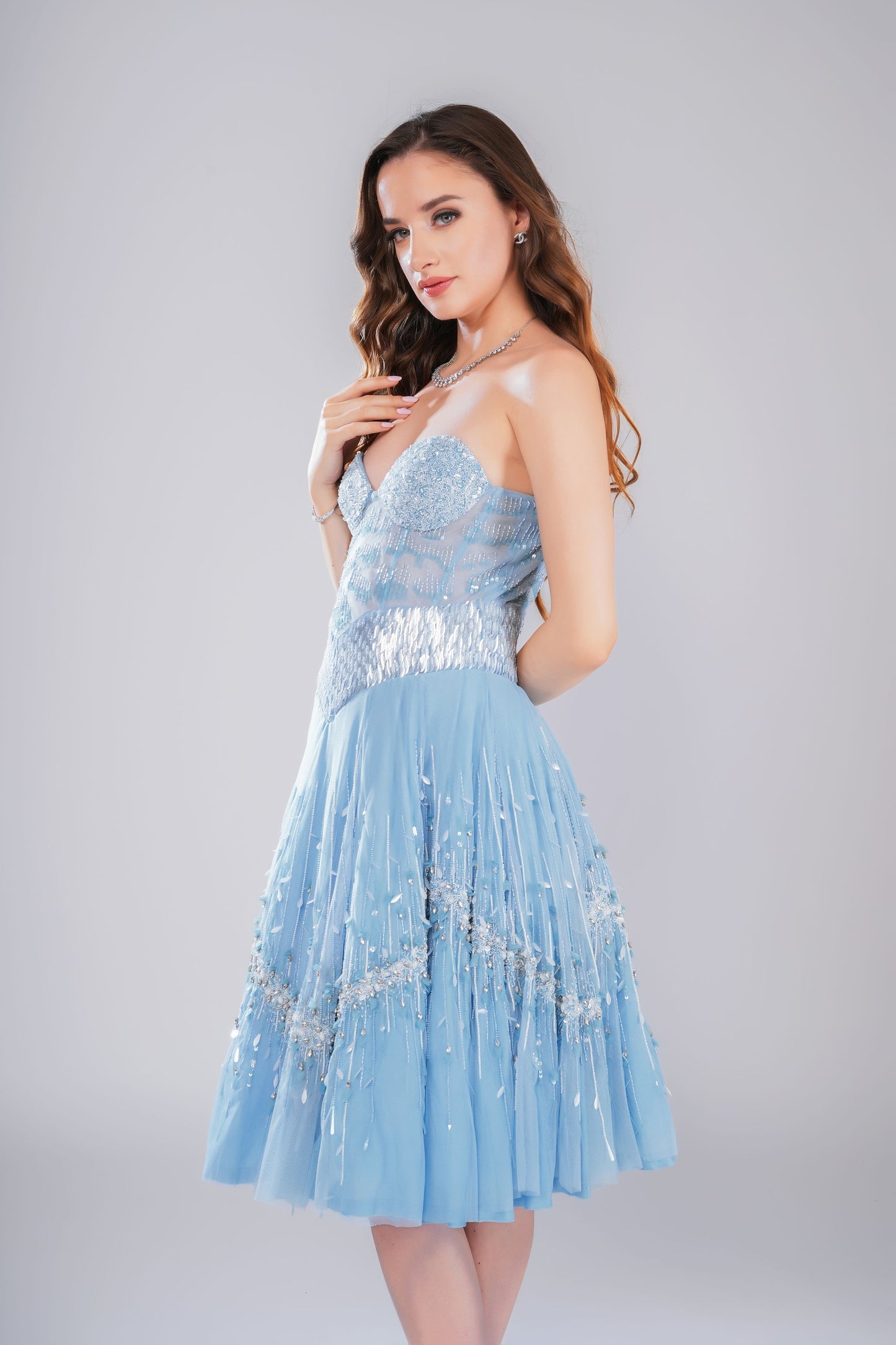 Light Blue Beaded Sweetheart Midi Dress